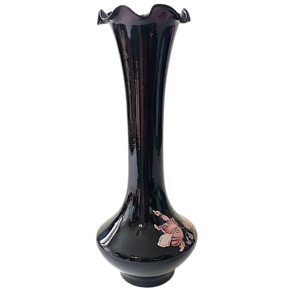 Vintage Black Amethyst Glass Bud Vase Floral Ruffled Fluted Top Edge‎ Victorian